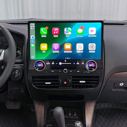 Car interior with a touchscreen display and steering wheel, featuring the Toyota logo.